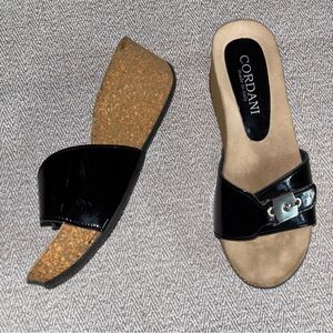 Cordani black patent buckle platform sandal cork wedge slipon size EU 38 US 7.5